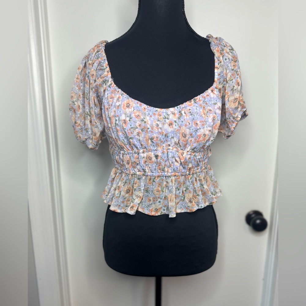 Altar'd State Pastel Peach Floral Peplum Crop Top Square Neckline Medium